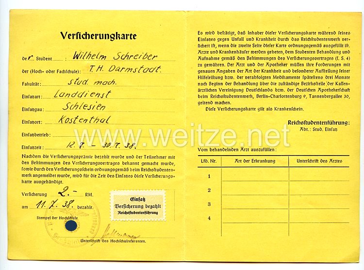 III.Reich Studentischer - Einsatz Versicherungskarte  Bild 2