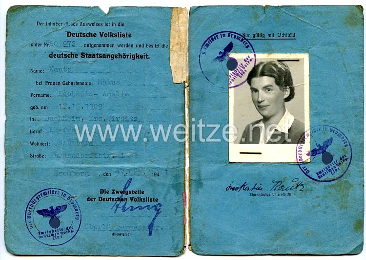 III. Reich - Ausweis der Deutschen Volksliste für eine Frau des Jahrgangs 1909 aus Buchheim, Kreis Wirsitz Bild 2