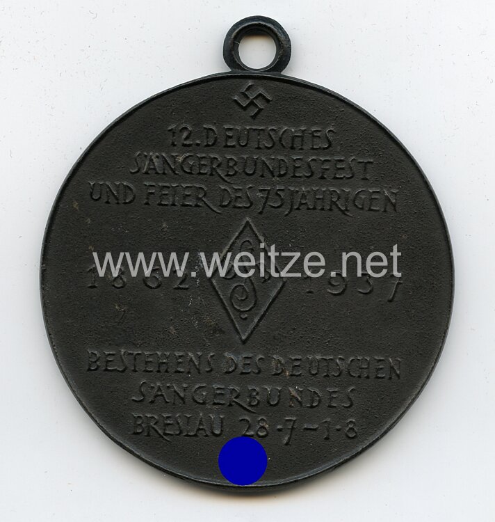 III. Reich - große tragbare Erinnerungsmedaille " 12. Deutsches Sängerbundfest 1862 - 1937 Bestehens des Deutsches Sängerbundes Breslau 28.7. - 1.8. " Bild 2
