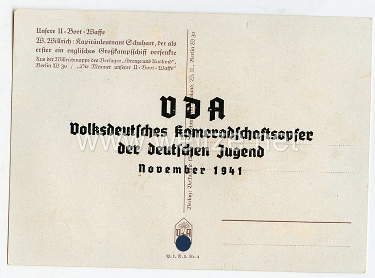 Kriegsmarine - Willrich farbige Propaganda-Postkarte - Unsere U-Boot-Waffe, Ritterkreuzträger Kapitänleutnant Schuhart Bild 2