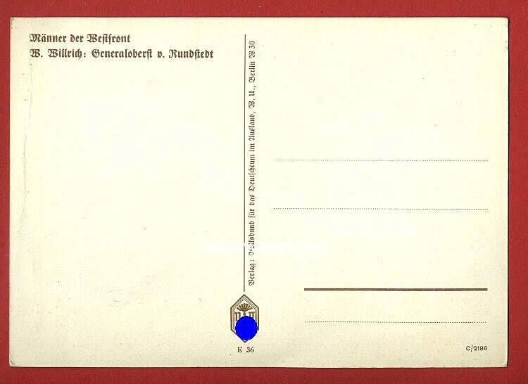 Heer - Willrich farbige Propaganda-Postkarte - Ritterkreuzträger Generaloberst Gerd v. Rundstedt Bild 2