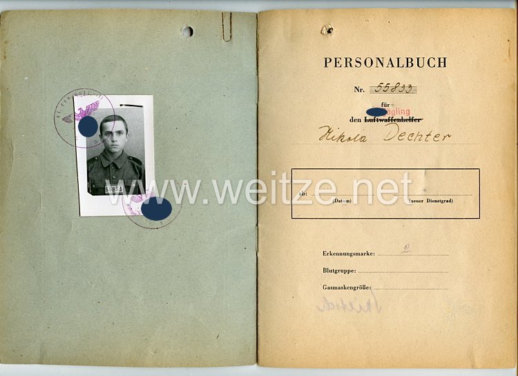 Personalbuch für einen SS-Zögling des Jahrgangs 1928 aus der Ukraine zum Kriegshilfseinsatz bei der Luftwaffe Bild 2