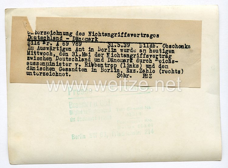 III. Reich Pressefoto. Unterzeichnung des Nichtangriffsvertrages Deutscheland-Dänemark. 31.5.1939. Bild 2