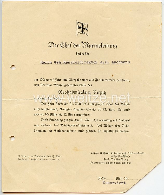 Feier zum Gedächtnis des Skagerrak-Tages und zur Übergabe einer Büste des Großadmirals v.Tirpitz am 31.5.1931 - Programm mit Einladung Bild 2