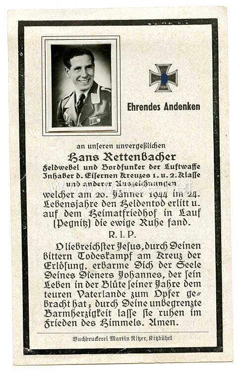 Luftwaffe Sterbebild eines Bordfunker und Inhaber des Eisernen Kreuz 1. und 2. Klasse, gefallen am 20. Januar Bild 2