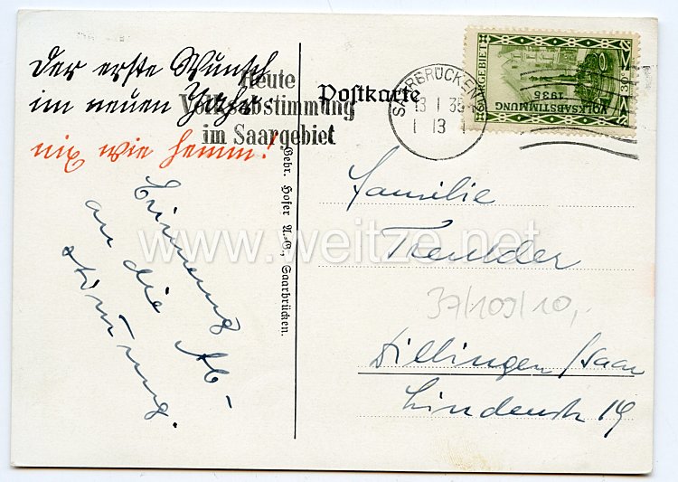 III. Reich - farbige Propaganda-Postkarte - " Saar-Volksabstimmung 13.1.1935 " Bild 2