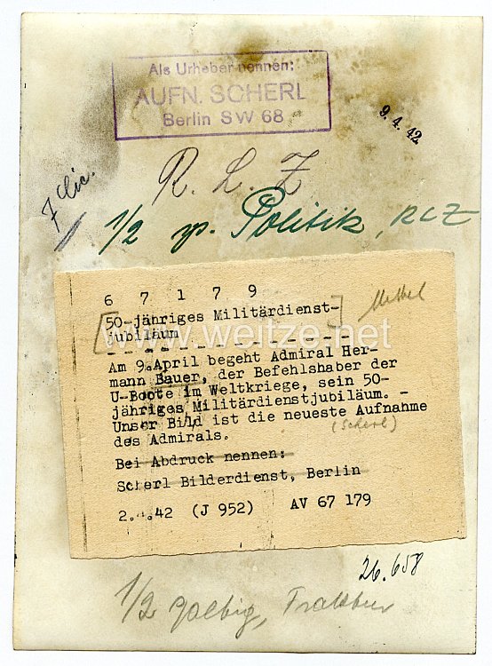 III. Reich Pressefoto, 50-jähriges Militärdienstjubiläum von Admiral Hermann Bauer 2.4.1942 Bild 2