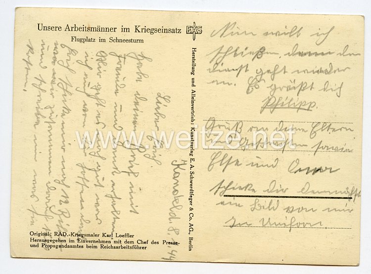 Reichsarbeitsdienst ( RAD ) - Propaganda-Postkarte " Unsere Arbeitsmänner im Kriegseinsatz, Flugplatz im Schneesturm "  Bild 2