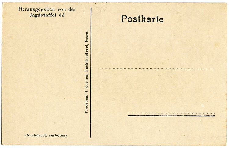 Fliegerei 1. Weltkrieg farbige Postkarte, herausgegeben von der Jagdstaffel 63 "Der z.b.V." Bild 2