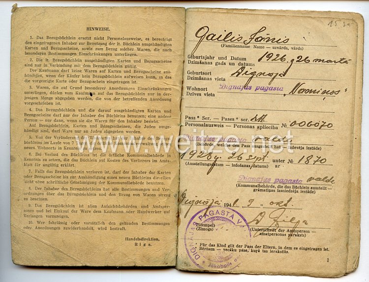 III. Reich / Lettland - Handelsdirektion Riga - Bezugsbüchlein für einen Jungen des Jahrgangs 1926 Bild 2