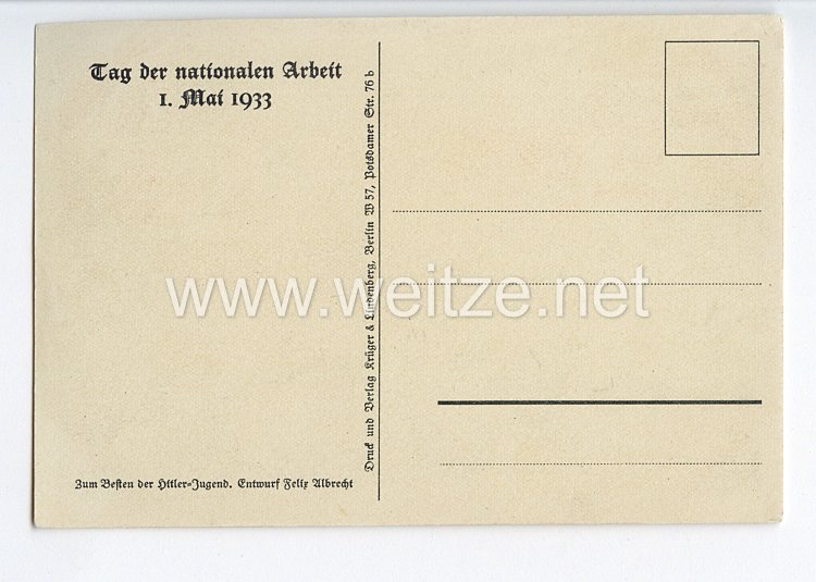 III. Reich - farbige Propaganda-Postkarte - " 1. Mai 1933 Tag der nationalen Arbeit " Bild 2
