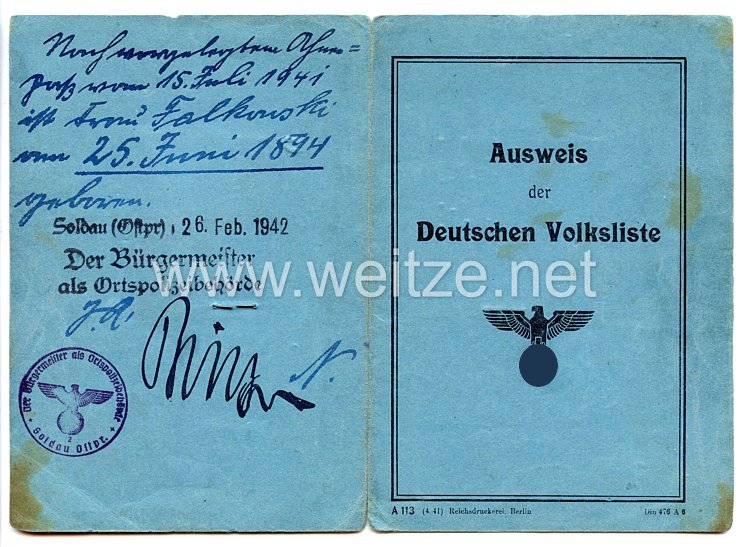 III. Reich - Ausweis der Deutschen Volksliste für eine Frau des Jahrgangs 1894 aus Narzym/Polen Bild 2