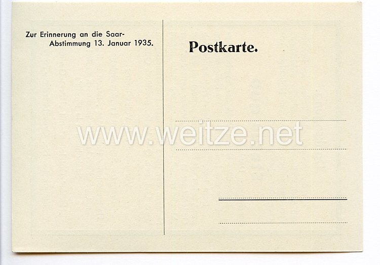 III. Reich - Propaganda-Postkarte - " Danksagung - Status quo - Zur Erinnerung an die Saarabstimmung 13.1.1935 " Bild 2