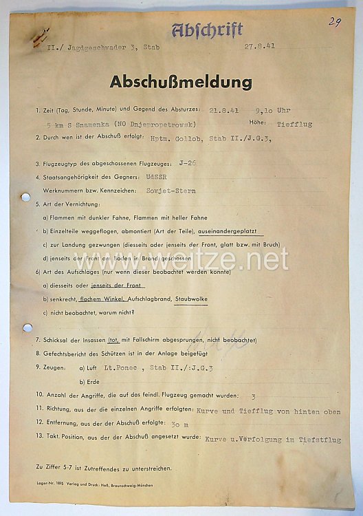Luftwaffe - Abschußmeldung des Ritterkreuz- und Brillantenträger Hauptmann Gordon Gollob im II./Jagdgeschwader 3  Bild 2