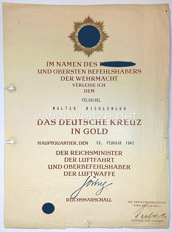 Luftwaffe - große Urkundengruppe des Trägers Deutsches Kreuz in Gold Feldwebel Walter Biedermann, Bordschütze im 5./Kampfgeschwader 55 "Greif" Bild 2