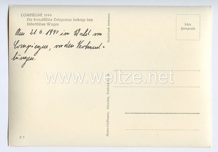 III. Reich - Propaganda-Postkarte - " Compiègne 1940 - Die französische Delegation wartet vor dem historischen Wagen auf den Beginn der Verhandlungen " Bild 2