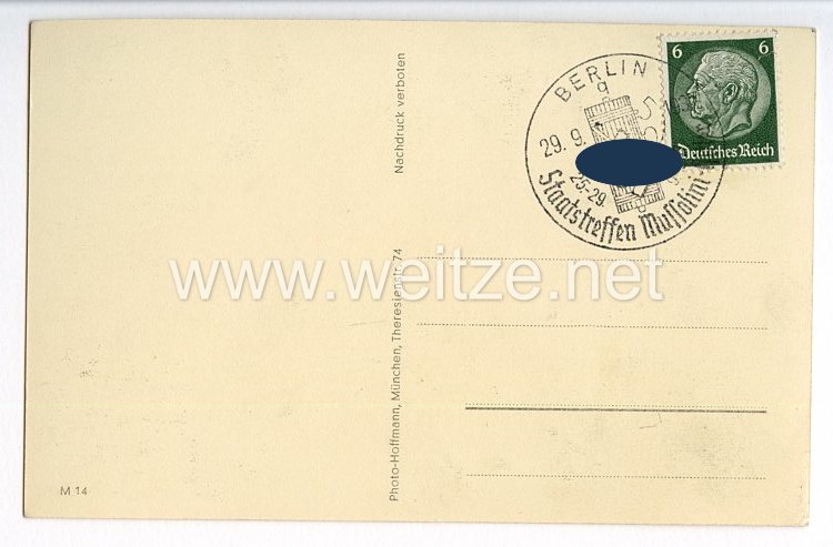 III. Reich - Propaganda-Postkarte - " Adolf Hitler - Benito Mussolini - Der Führer und der Duce - Die Garanten des Friedens " Bild 2