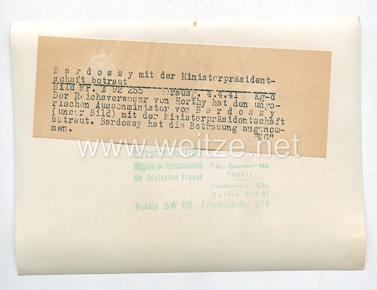 3. Reich Pressefoto: Bardossy mit der Ministerpräsidentschaft betraut 4.4.1941 Bild 2