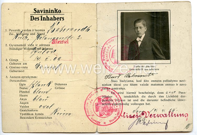 Weimarer Republik - Memelgebiet Personalausweis der Stadt " Memel " für einen Mann des Jahrgangs 1909 Bild 2