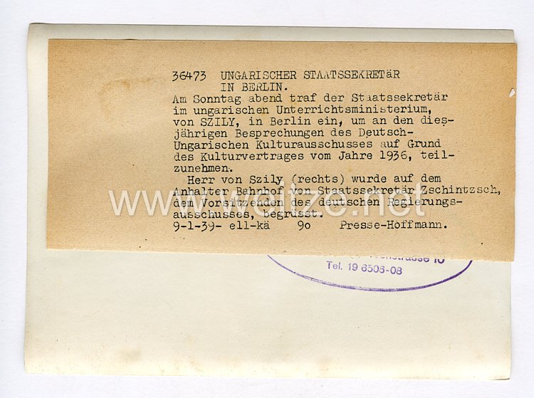 III. Reich Pressefoto. Ungarischer Staatssekretär in Berlin. 9.1.1939. Bild 2