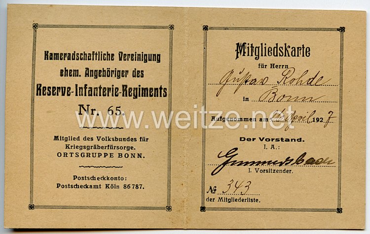 Weimarer Republik - Kameradschaftliche Vereinigung ehem. Angehöriger des Reserve-Infanterie-Regiments Nr.65 - Mitgliedskarte Bild 2