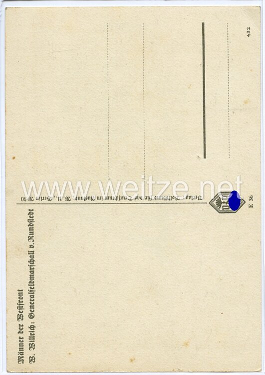 Heer - Willrich farbige Propaganda-Postkarte - Ritterkreuzträger Generaloberst v. Rundstedt Bild 2