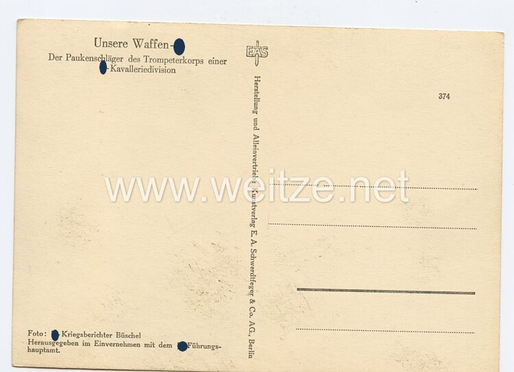 Waffen-SS - Propaganda-Postkarte - " Unsere Waffen-SS " - Der Paukenschläger des Trompeterkorps einer SS-Kavalleriedivision Bild 2