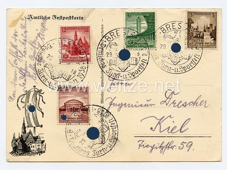 III. Reich - Propaganda-Postkarte - " Deutsches Turn- und Sportfest Breslau 1938 - Adolf Hitler und von Tschammer " Bild 2