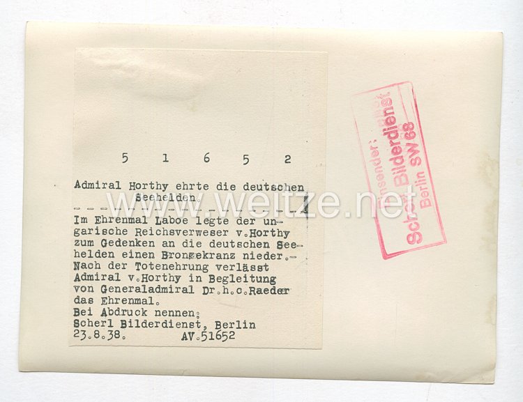 3. Reich Pressefoto: Admiral Horthy ehrte die deutschen Seehelden 23.8.1938 Bild 2