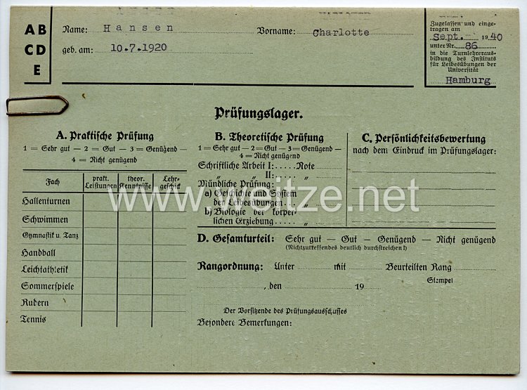 III. Reich - Prüfungskarte über die Lehrerausbildung auf dem Gebiete der körperlichen Erziehung Bild 2