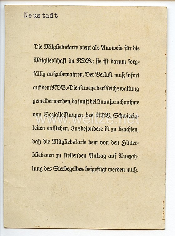 Reichsbund der Deutschen Beamten ( RDB ) e.V. Berlin - Mitgliedskarte Bild 2