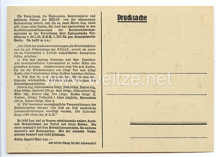 III. Reich - Anti-Hitler Propaganda-Postkarte - " Der Normalverbraucher und Reichswohnungskommissar Reichsleiter Dr. Robert Ley …" Bild 2