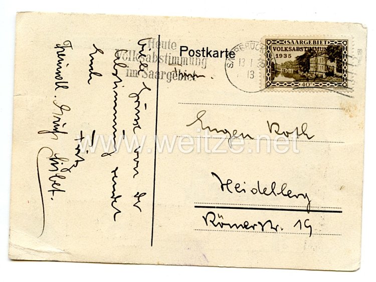 III. Reich - farbige Propaganda-Postkarte - " Der Tag unserer Freiheit ist gekommen - 13. Januar im Jahre 1935 - Festkarte zur Saarabstimmung " Bild 2