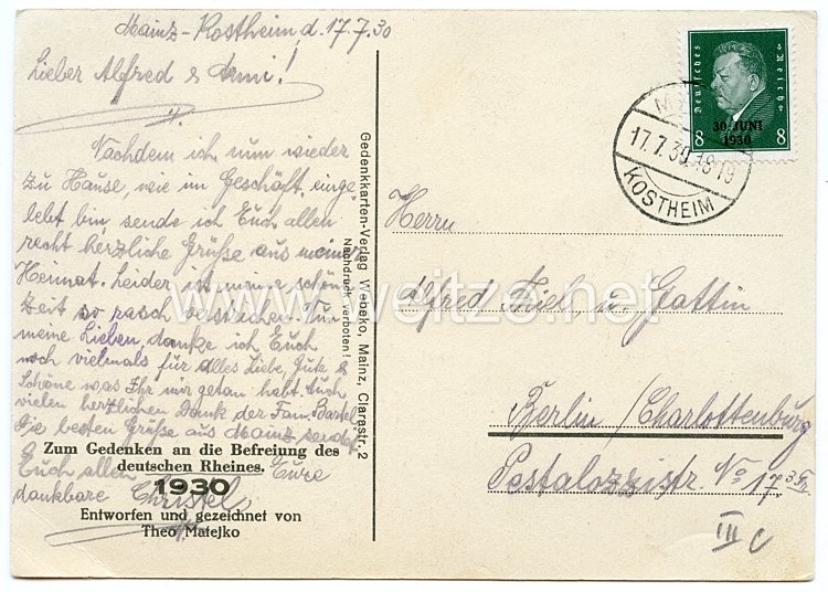 III. Reich - farbige Propaganda-Postkarte - " Zum Gedenken an die Befreiung des deutschen Rheines. 1930 " Bild 2