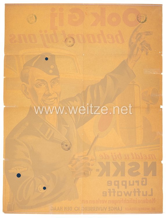 2. Weltkrieg NSKK Werbeplakat für Niederländische Freiwillige "Auch du gehörst zu uns, melde Dich bei der NSKK-Gruppe Luftwaffe" Bild 2