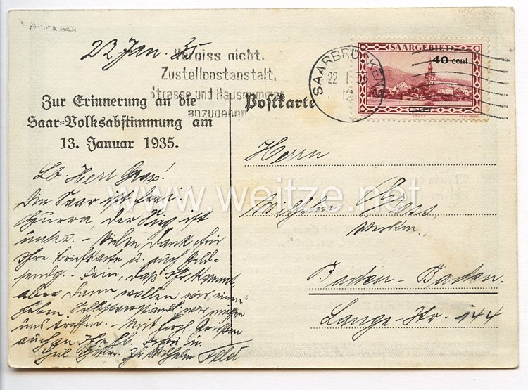 III. Reich - Propaganda-Postkarte - " Todesanzeige - Status quo - Zur Erinnerung an die Saarabstimmung 13.1.1935 " Bild 2