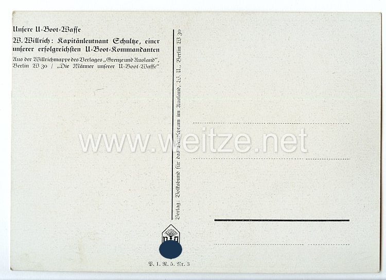 Kriegsmarine - Willrich farbige Propaganda-Postkarte - Ritterkreuzträger Kapitänleutnant Herbert Schultze Bild 2