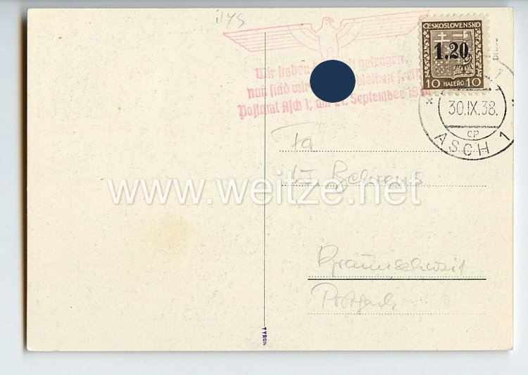 III. Reich / Tschechoslowakei - Propaganda-Postkarte " Wir haben es geschafft ! Asch ist frei ! Heil Hitler ! 21.9.1938 " Bild 2