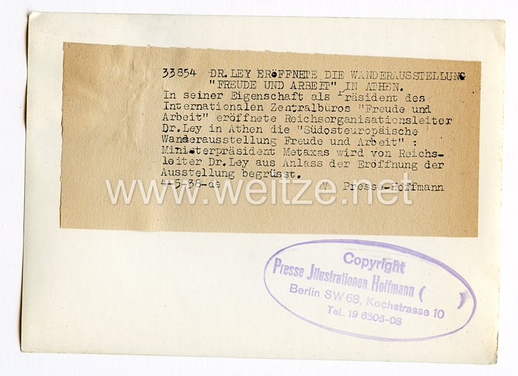 III. Reich Pressefoto. Dr. Ley eröffnete die Wanderausstellung "Freude und Arbeit"in Athen. 4.5.1938 Bild 2