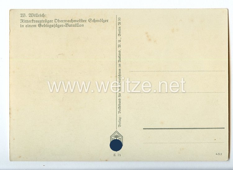 Heer - Willrich farbige Propaganda-Postkarte - Ritterkreuzträger Oberwachtmeister Johann Schmölzer Bild 2