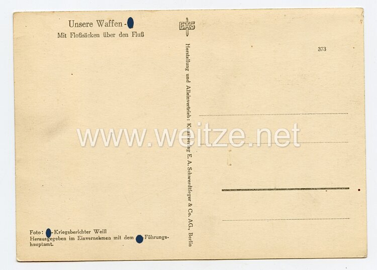 Waffen-SS - Propaganda-Postkarte - " Unsere Waffen-SS " - Mit Floßsäcken über den Fluß Bild 2