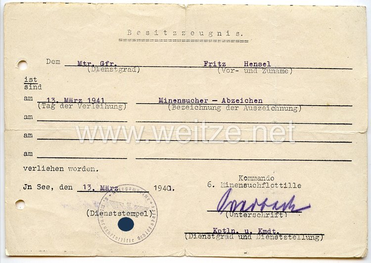 Kriegsmarine - Urkundentrio für einen späteren Oberbootsmannsmaaten der 5. Räumbootsflottille in Norwegen Bild 2