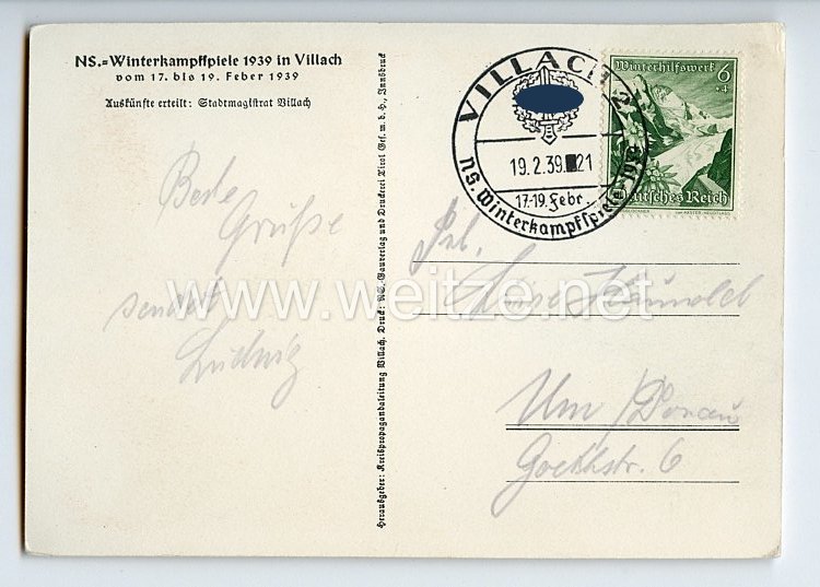 III. Reich - farbige Propaganda-Postkarte - " NS-Winterkampfspiele 17.-19. Feber 1939 Villach Kärnten " Bild 2