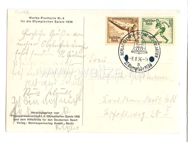 III. Reich - farbige Propaganda-Postkarte - " XI. Olympische Spiele 1936 - Fackelstaffellauf Olympia-Berlin " Bild 2