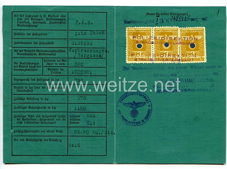 III. Reich - Kraftfahrzeugschein für einen Mann aus Lemberg im Generalgouvernement für einen P.K.W der Marke Auto Union  Bild 2
