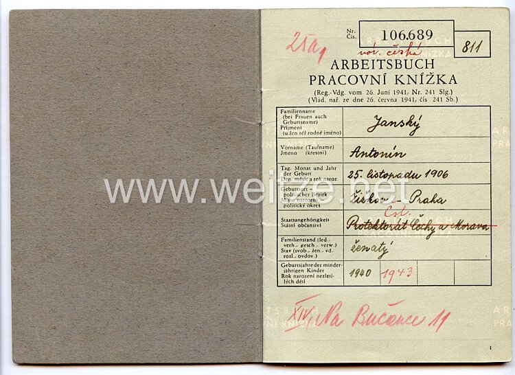 III. Reich - Protektorat Böhmen und Mähren - Arbeitsbuch für einen Mann des Jahrgangs 1906 Bild 2