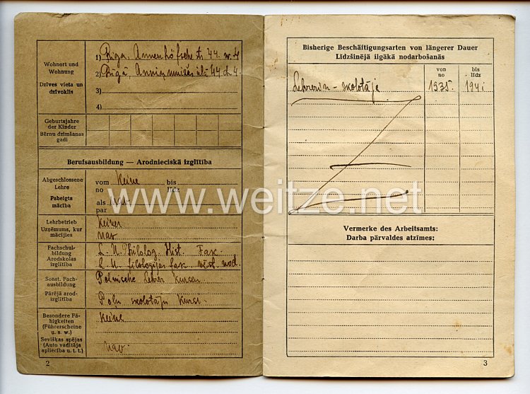 III. Reich - Generalkommissar in Lettland - Arbeitsausweis für eine Frau des Jahrgangs 1901 Bild 2