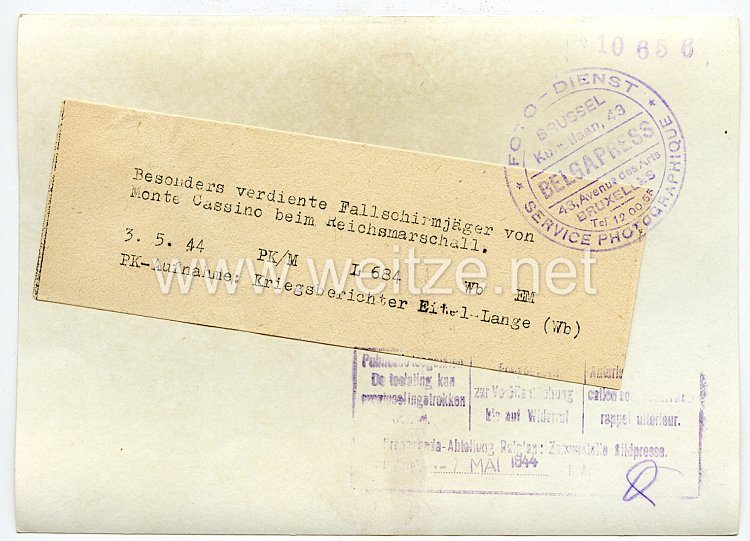 Luftwaffe Pressefoto: Besonders verdiente Fallschirmjäger von Monte Cassino beim Reichsmarschall 3.5.1944 Bild 2