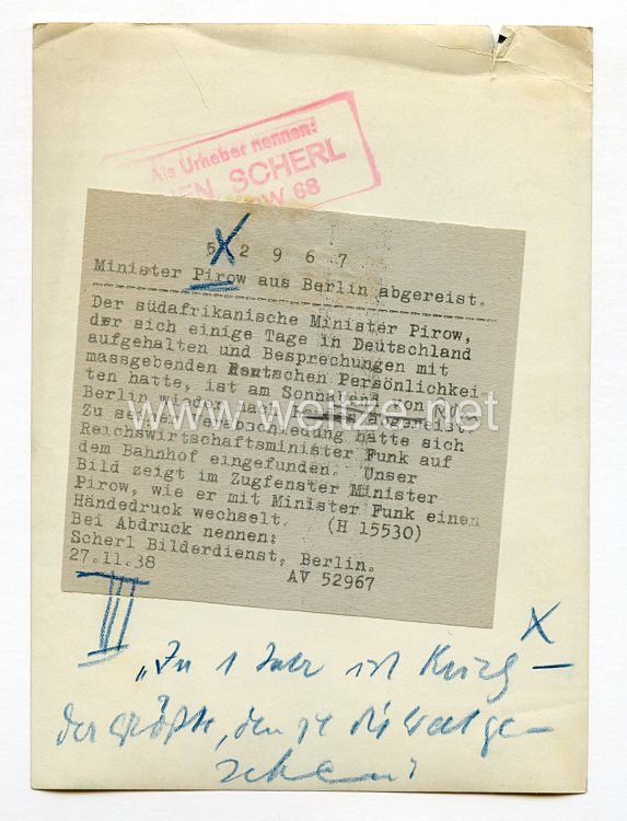 III. Reich Pressefoto. Minister Pirow aus Berlin abgereist. 27.11.1938. Bild 2