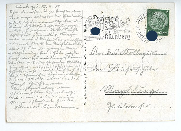 III. Reich - Propaganda-Postkarte - " Reichsparteitag Nürnberg 1937 - Vorbeimarsch der Politischen Leiter vor dem Führer " Bild 2
